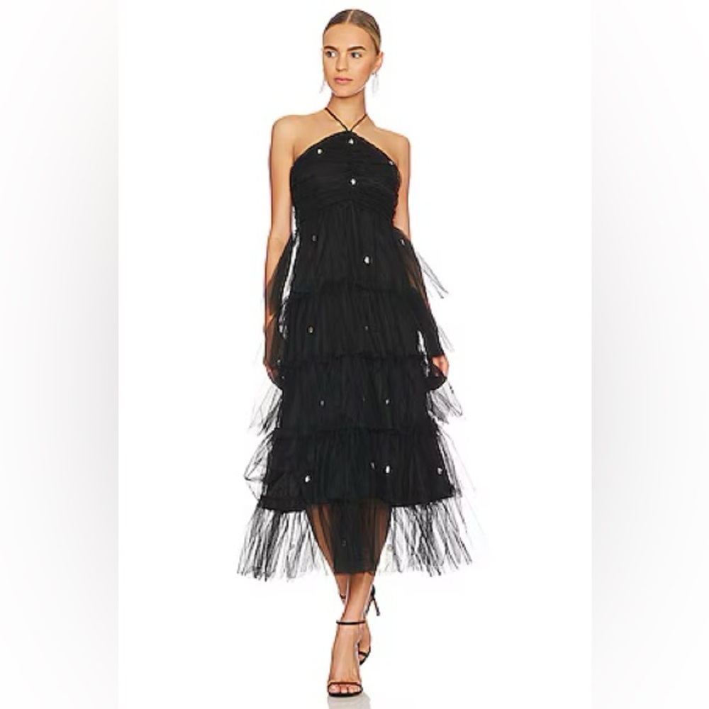 NEW Likely Shane Sleeveless Halter Midi Gown Dress Jeweled Tulle Black 14 $298